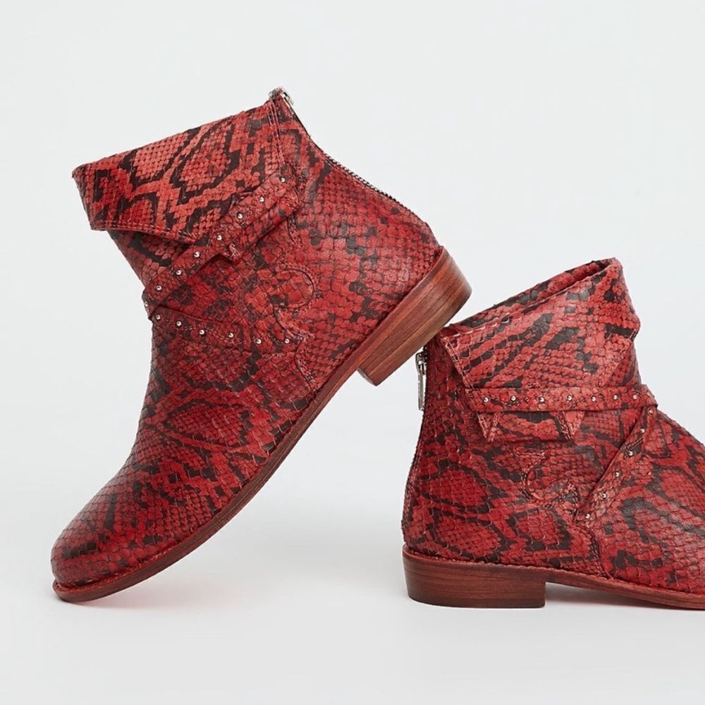 Free People Alamosa Red Snakeskin Ankle Boots | Size 8.5